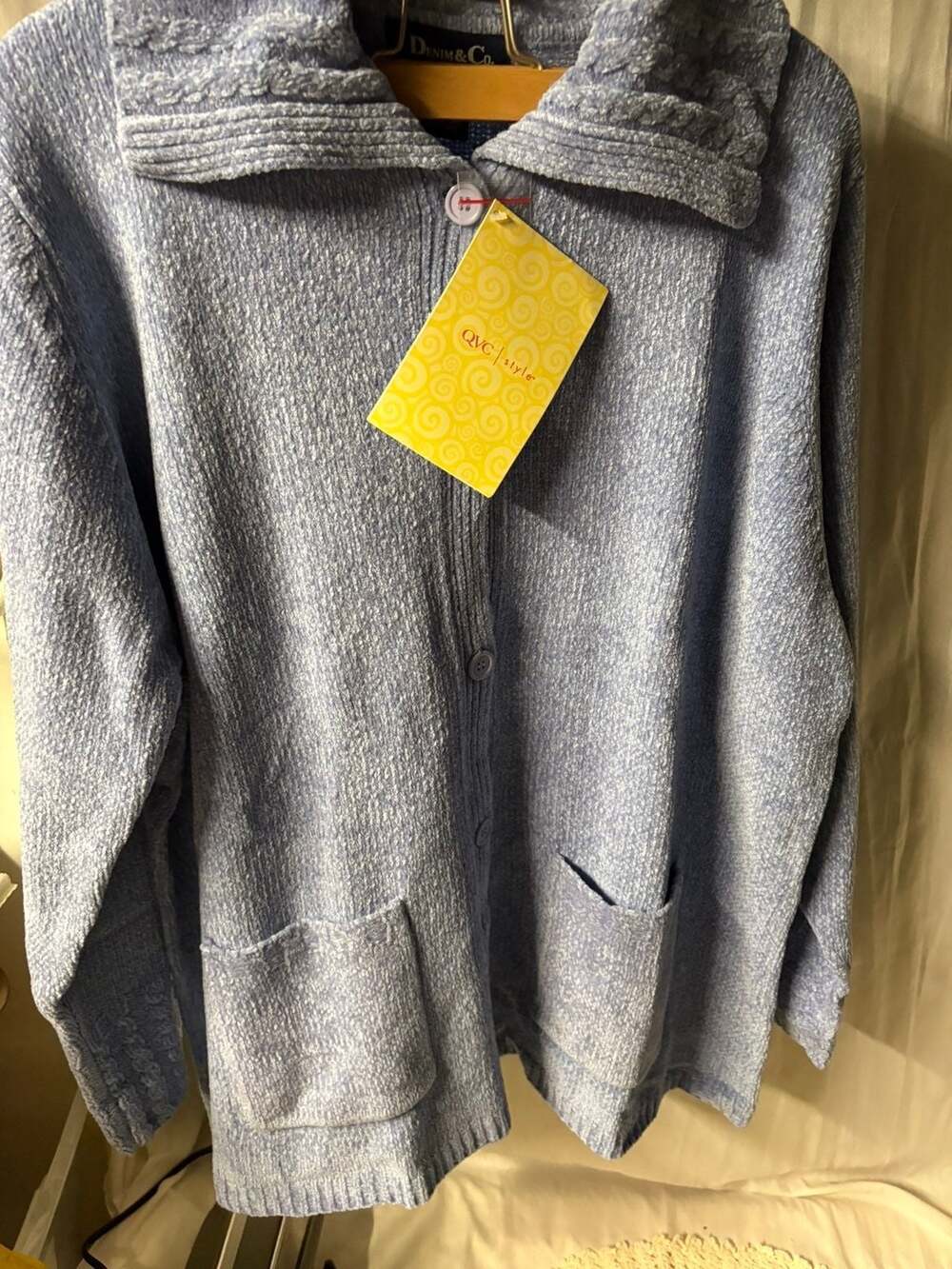 Denim & Co. Textured Blue Button-Up Cardigan, Size 1X